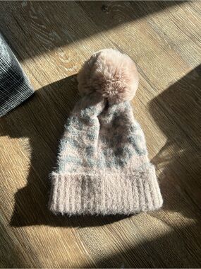 Faux Fur Pom Beanie in Blush and Light Grey